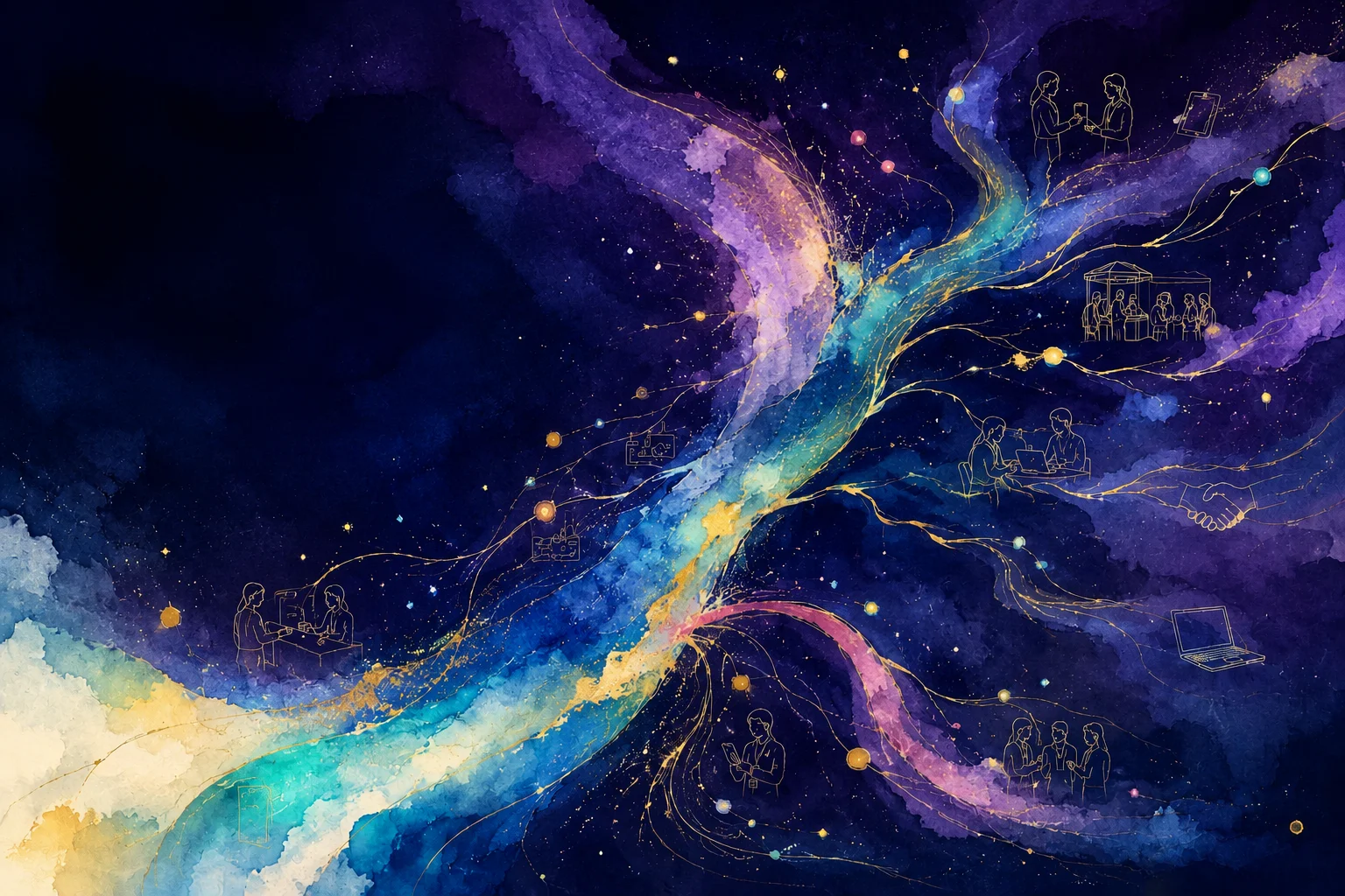 群青の宇宙と水彩の流れ